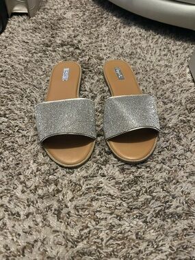 Qupid Silver Rhinestone Slide Mules